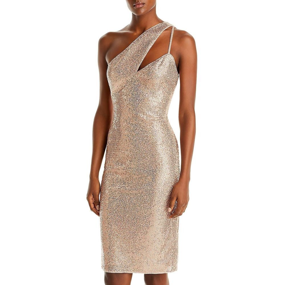 Aqua Womens Sequined Mini One Shoulder Cocktail And Party Dress in Copper Size L